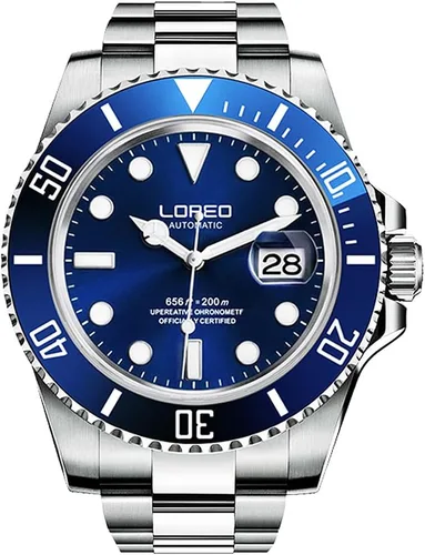 Vista 8 de LOREO Reloj automático de acero inoxidable plateado para hombre, con bisel giratorio, cristal de zafiro, negro
