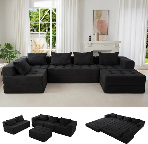 Vista 16 de MAXYOYO Sofá modular seccional, sofá plegable en forma de U con almohadas, sofá tumbona copetudo de 6 asientos sin huesos para sala de estar,