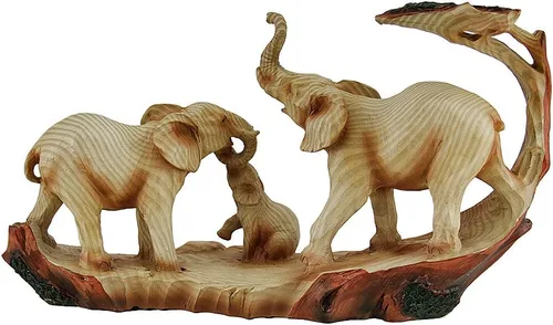 Vista 4 de Zeckos Estatua decorativa de aspecto de madera tallada Safari de la familia de elefantes