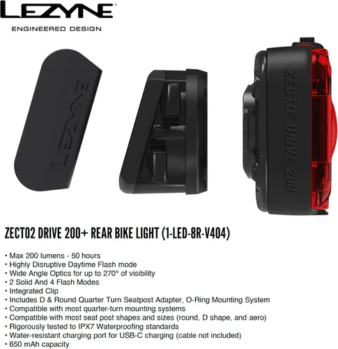 Vista 4 de LEZYNE Zecto & Zecto2 Drive 200+ Rear Bicycle Lights 200 Lumens Output, Extended Runtime, Daytime Flash, USB-C Charging, High-Visibility IPX7