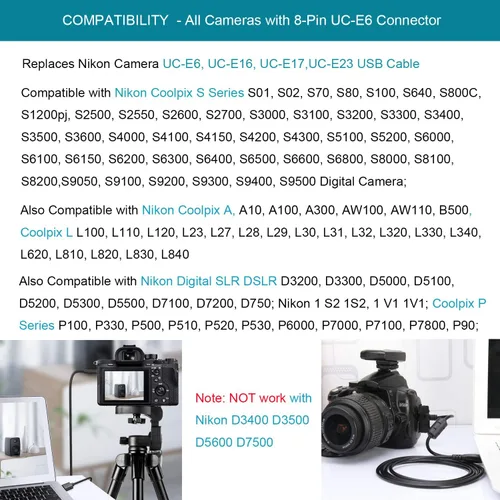 Vista 2 de MaxLLTo Cable de repuesto de datos de cargador de batería USB UC-E6 extra largo de 5 pies para la mayoría de cámaras Nikon Coolpix Serie S
