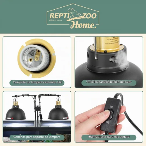 Vista 3 de Paquete de 2 lámparas de reptiles, lámpara de calor de reptiles de cúpula profunda de 8.5 pulgadas con interruptor, lámpara de terrario dual UVB