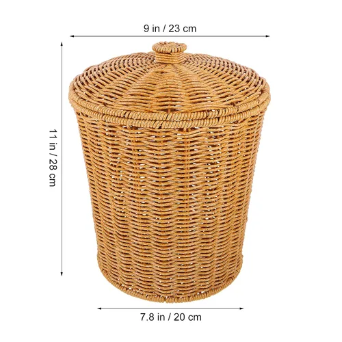 Vista 6 de PRETYZOOM Cesta de lavandería portátil con tapa, papelera tejida de mano, organizador de artículos diversos para dormitorio, baño, almacenamiento