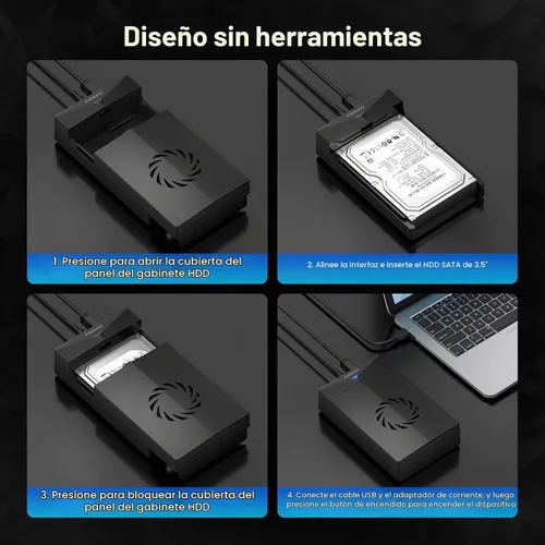 Vista 8 de FIDECO Caja de disco duro para disco duro SATA HDD SSD de 3,5 o 2,5 pulgadas, adaptador SATA a USB con ventilador de refrigeración, carcasa externa