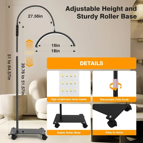 Vista 5 de Mznoo Luz de media luna con ruedas, lámpara de pestañas LED de 2500LM para extensiones de pestañas, luz de luna flexible para tecnología de Negro