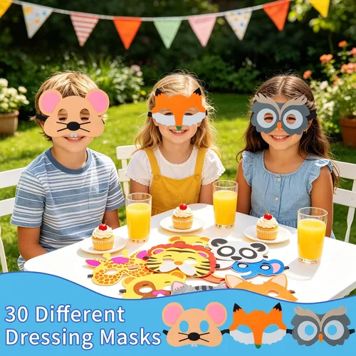 Vista 5 de ShaggyDogz 30 piezas de máscaras de animales de fieltro para niños, suministros para fiestas temáticas de la jungla..