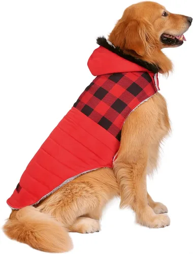 Vista 9 de HDE Chaqueta acolchada para perro, con forro polar, abrigo de invierno cálido para perro con agujero para arnés a rayas rosas, talla S Raya rosa