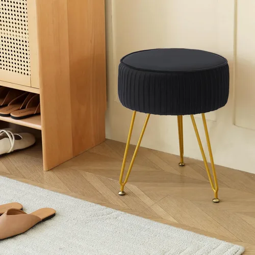 Vista 8 de Taburete de tocador de terciopelo, silla redonda de maquillaje con patas de metal ajustables y asiento acolchado suave, taburete otomano