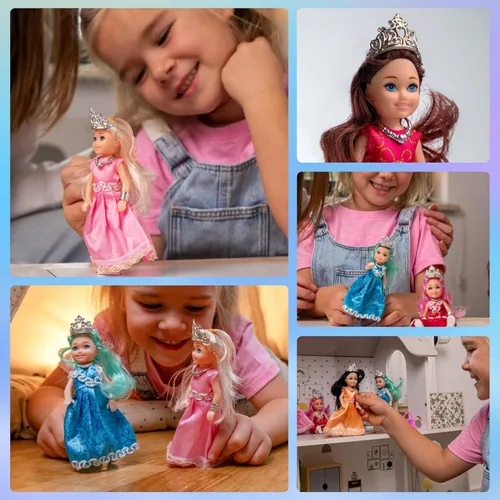 Vista 9 de TOMLEON Juego de muñecas de princesa, 6 muñecas de princesa con vestidos coloridos, coronas y joyas, juego de rol de fantasía para niños