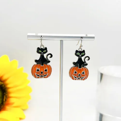 Vista 5 de Aretes de calabaza de Halloween para mujer, aretes colgantes de calabaza de cristal rojo, gato negro, calabaza roja, aretes de calabaza de Acción