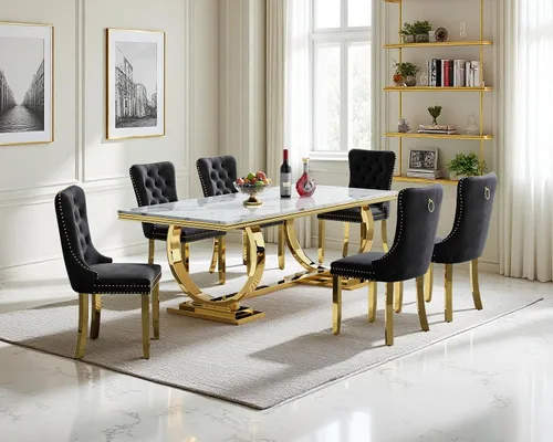 Vista 15 de Juego de mesa de comedor de 5 piezas para 4, mesa de cocina de mármol negro de 68 pulgadas con 4 sillas beige, mesa de comedor rectangular moderna
