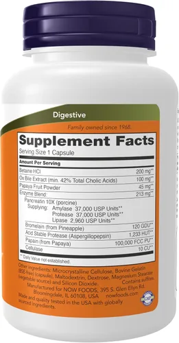 Vista 2 de Suplementos NOW, Super Enzymes, Formulado con Bromelina, Bilis de Buey, Pancreatina y Papaína, Super Enzymes, 90 Cápsulas