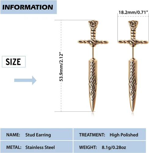 Vista 2 de SOBHART Aretes de espada para mujeres y hombres, góticos, punk, góticos, de acero inoxidable, oro con espada y daga