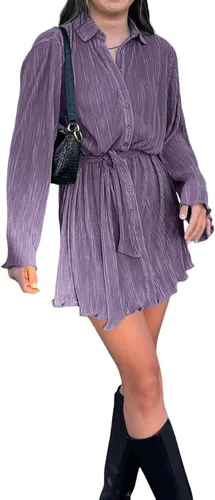 Vista 5 de LYANER Vestido camisero plisado de manga larga con cuello en V y botones para mujer con cinturón