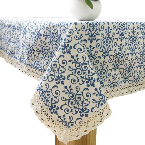 Vista 6 de Bringsine Mantel de lino de algodón, tela vintage de damasco azul marino, mantel de encaje decorativo para cena, picnic, decoración del hogar