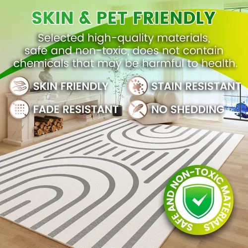 Vista 4 de Alfombra moderna lavable de 5x7 para sala de estar, alfombra grande minimalista artística abstracta en blanco y gris, alfombra de pelo bajo ultra