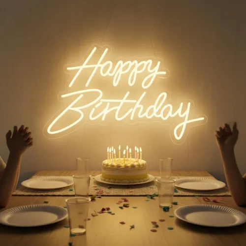 Vista 9 de Letrero de neón con texto en inglés "Happy Birthday", letras LED acrílicas de 19.6 x 11.8 pulgadas, letras iluminadas, letreros LED de neón
