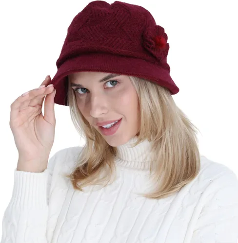 Vista 69 de C-US - Gorro de punto cálido para mujer, con visera de ganchillo con acento de flores