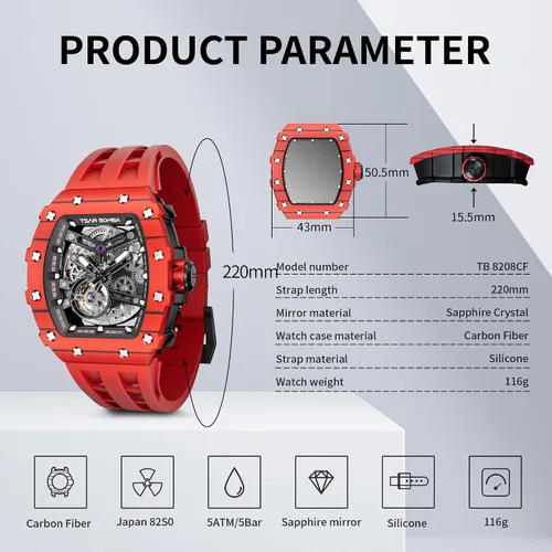 Vista 9 de Reloj para hombre, reloj mecánico automático de esqueleto para hombre, 164.0 ft, impermeable, de lujo, Tonneau, cuadrado, esfera grande, con correa