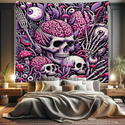 Vista 128 de Ambesonne Tapiz de hongos, atmósfera psicodélica, escena astral estrellada con motivos orientales trippy, decoración de tela para colgar en la pared