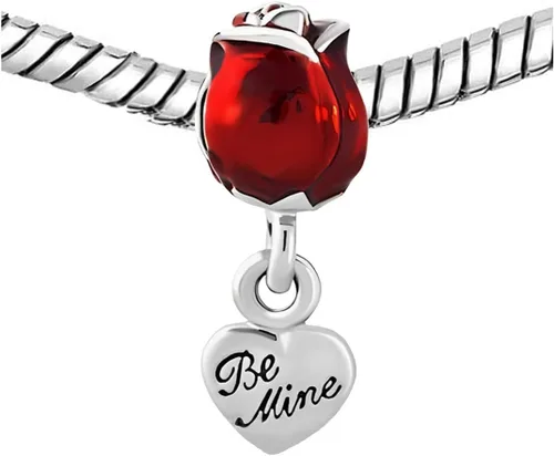 Vista 3 de KunBead Abalorios colgantes de corazón con diseño de rosa roja de copa de vino, compatible con pulseras Pandora, collares, joyas de cumpleaños