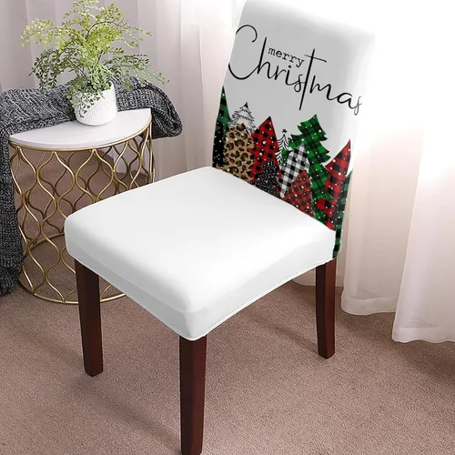 Vista 2 de Funda para silla de comedor, diseño de árbol de Navidad, leopardo, rojo, verde, negro, blanco, copos de nieve, protector para silla de invierno