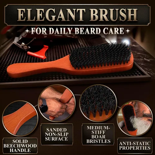 Vista 3 de Cepillo de barba para hombre con mango – Cepillo de barba de cerdas de jabalí suave para hombres, diseño de madera de 9 pulgadas para barbas