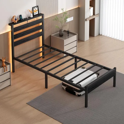 Vista 7 de CLIBFENG Base de cama tamaño individual con estación de carga USB, marco de cama LED con cabecera de almacenamiento de madera, cama de plataforma