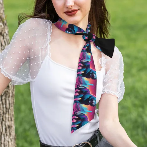 Vista 4 de Synthwave Sabertooth Pattern Silk Scarf for Women 46.9 * 3.1 In Headband