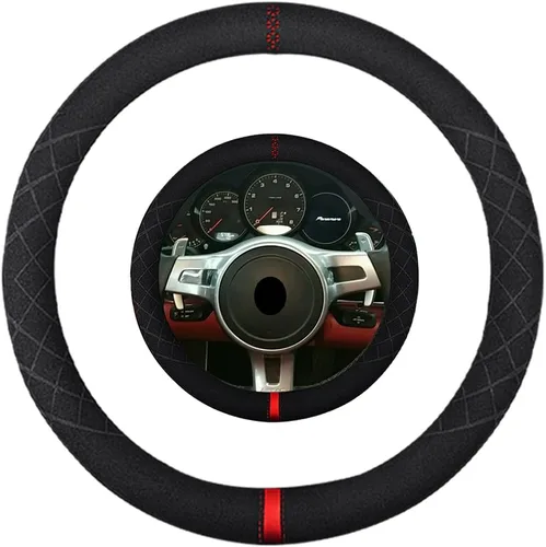 Vista 17 de Funda de volante de gamuza de 14 pulgadas, compatible con Tesla Model 3 Model Y, funda de volante deportiva de cuero gamuza antideslizante