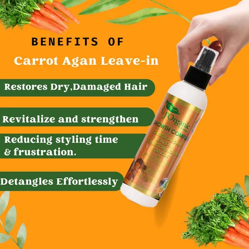 Vista 3 de J'Organic Solutions Desenredante sin enjuague de zanahoria y argán para niños con aceite de ricino negro jamaicano y coco, desenreda para cabello