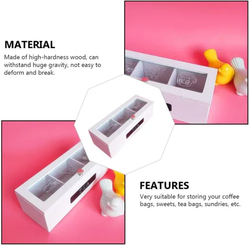 Vista 6 de White Wooden Tea Box with Top, Three Compartments