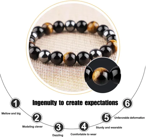 Vista 6 de HOZEAL Pulsera de triple protección, brazalete de obsidiana negra con ojo de tigre y hematita para hombres y mujeres para traer suerte
