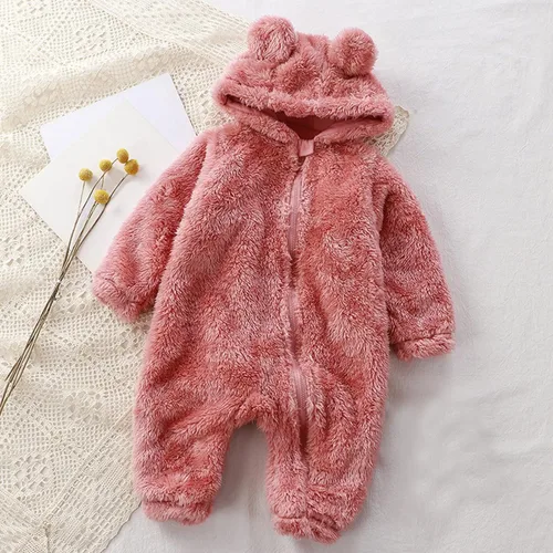 Vista 3 de TBUIALL Body para bebés y niñas pequeñas, lindo y liso, manga larga, con orejas de oso de dibujos animados, overol de forro polar con cremallera