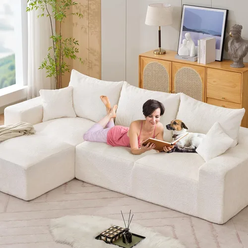 Vista 7 de Sofá modular en forma de L para sala de estar, sofá modular sin hueso de gran tamaño con tela de pana, cómodo sofá cama con diván para apartamento