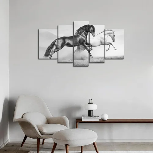 Vista 4 de Arte de pared de 5 paneles negro Friesian Running Horse Trot en el campo al atardecer, hierba y flores, cuadros impresos en lienzo animal la imagen
