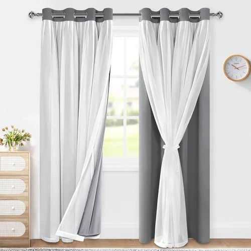 Vista 34 de XWZO Cortinas 100% opacas de doble capa para guardería, cortinas opacas con superposición transparente para dormitorio de niñas, cortinas