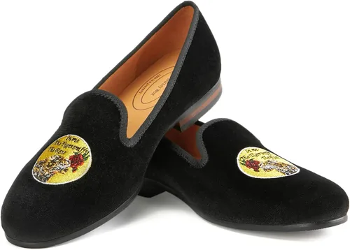 Vista 6 de Journey West Mocasines de terciopelo para hombre, mocasines bordados, mocasines de esmoquin, zapatos de vestir para fumar para hombre, Tigre y rosa