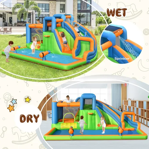 Vista 3 de HONEY JOY Tobogán acuático inflable, parque acuático gigante 7 en 1, casa de rebote para patio trasero al aire libre con soplador de 735 W, piscina
