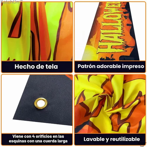 Vista 3 de Katchon - Pancartas de feliz Halloween para exteriores, 120 x 20 pulgadas Naranja