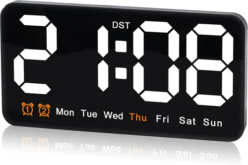 Vista 8 de Reloj de pared digital grande de 9.5 pulgadas con pantalla LED, DST automático, alarma dual con repetición, brillo ajustable, visualización