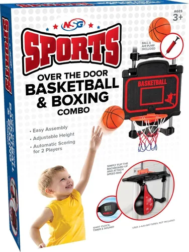 Vista 6 de Combo de baloncesto y boxeo para colocar sobre la puerta, juego 2 en 1 con aro ajustable y bolsa de velocidad, marcador y efectos de sonido