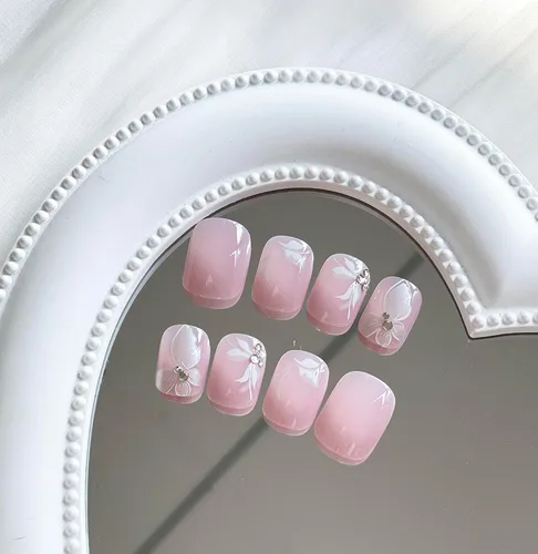 Vista 3 de Uñas Postizas de Mariposa con Purpurina Rosa - 24 piezas de Cobertura Completa Brillantes que se Pegan en Uñas Artificiales Acrílicas S11