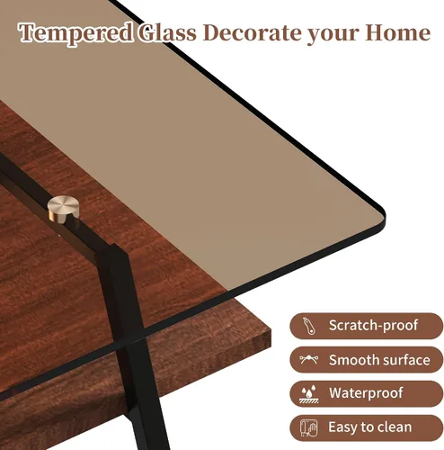 Vista 8 de IANIYA - Mesa de centro moderna de cristal, mesa de centro pequeña de mediados de siglo, mesa de centro para sala de estar con estantes de madera