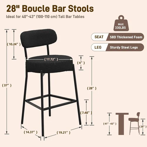 Vista 2 de Boucle - Juego de 2 taburetes de bar de altura de mostrador de 28 pulgadas, taburetes de bar modernos con asiento redondo de 4 pulgadas de grosor