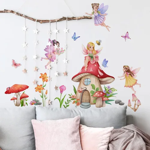 Vista 3 de Runtoo Calcomanías de pared de hongos de hadas, diseño de mariposa, elfo, decoración del hogar para dormitorio de niñas, niños, guardería