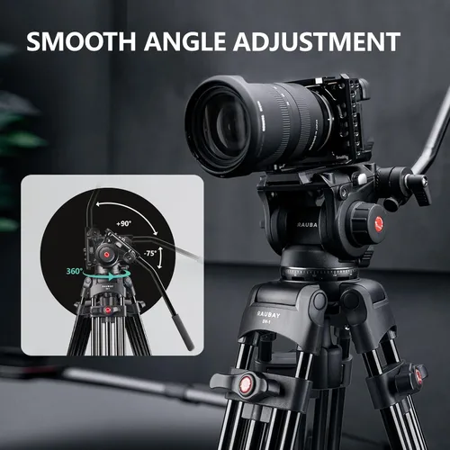 Vista 4 de RAUBAY Trípode profesional de cámara de video resistente de 70.8 pulgadas con cabezal fluido, placa QR para videocámara DSLR, carga máxima de 17.6