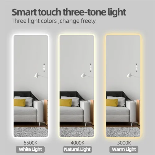 Vista 2 de Espejo moderno de longitud completa con luces, espejo largo montado en la pared con luces, espejo de tocador e iluminación de 3 colores, espejo LED