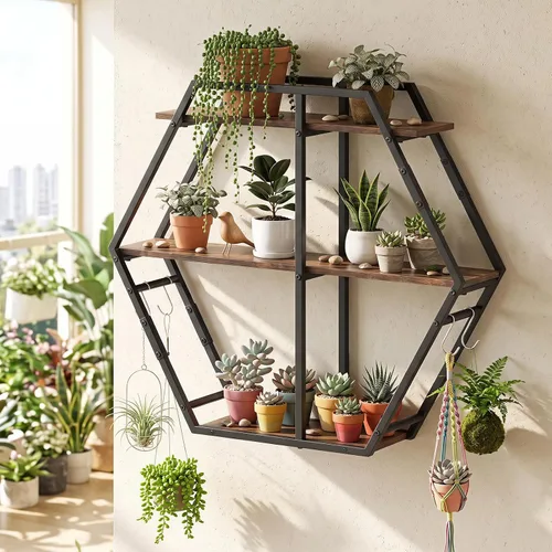Vista 4 de Tangkula Estante hexagonal de pared, estantería geométrica de 3 niveles con 4 ganchos en forma de S y marco de metal resistente, estante