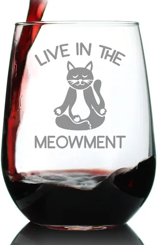 Vista 6 de Custom Live In The Meowment - Personalized Stemless Wine Glass - Funny Cat Gifts and Meditation Themed Decor - Large 17 Oz Glasses - Customized Wine